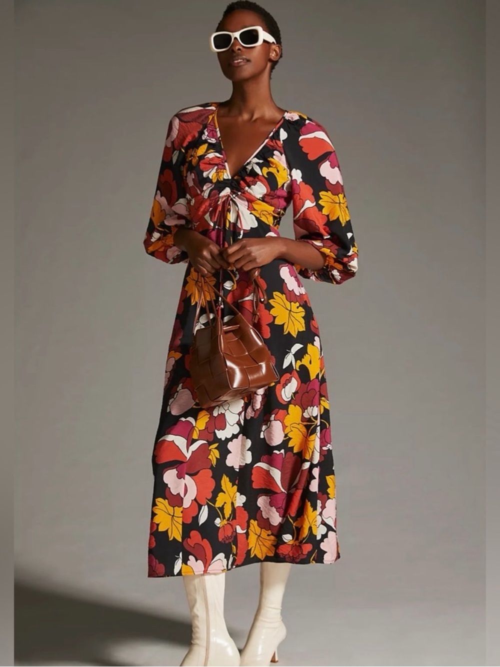 Anthropologie Maeve floral deep v neck ruched midi dress